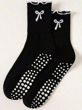 Pilate Black Grip Socks with White Bow Detail
